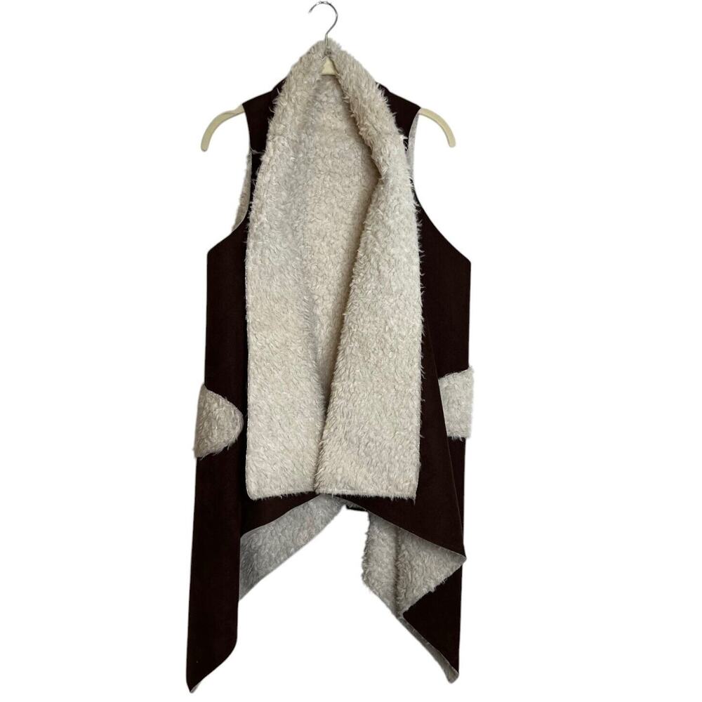 Ellie Kate Womens Faux Suede Vest Size L XL Open Front Faux Shearling